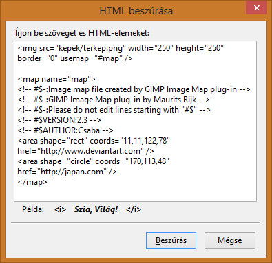 Képtérkép GIMP-ben generált kódjának beszúrása KompoZerbe