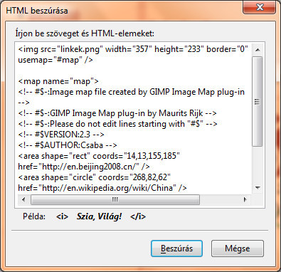 Gimpben generált képtérkép kódja, bemásolva a KompoZer HTML beszúró párbeszédablakába